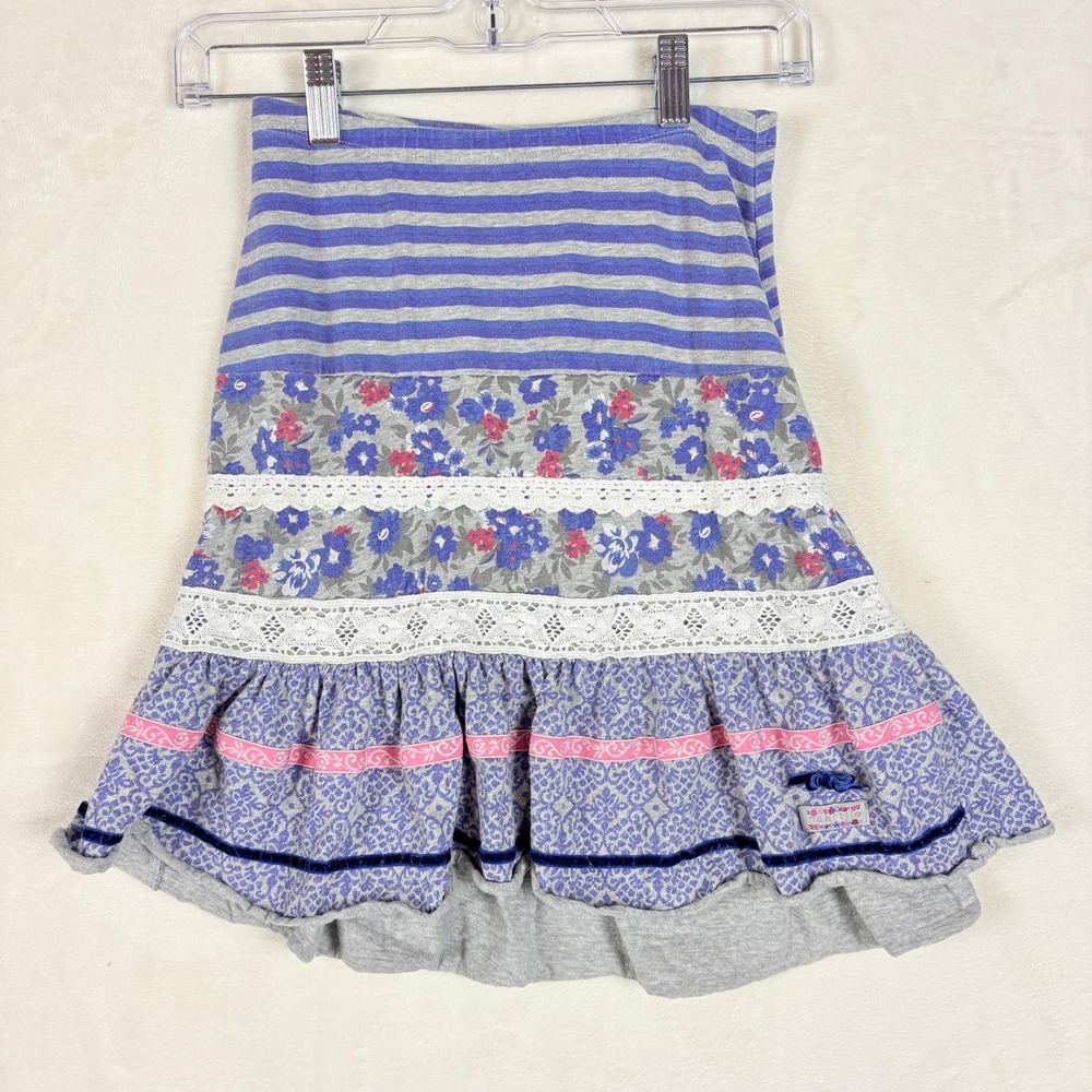 Naartjie Kids Skirt Girls XXL 8 Years Blue Stripe Floral Patchwork‎ Ruffle Trim